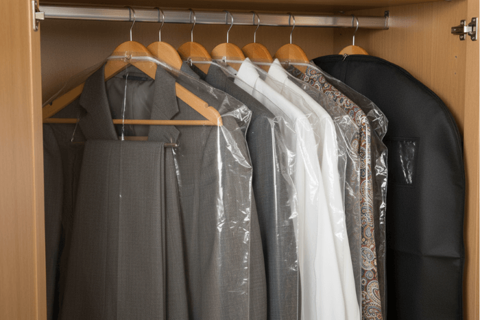 Kleidung in Kleiderschutzhüllen in Schrank